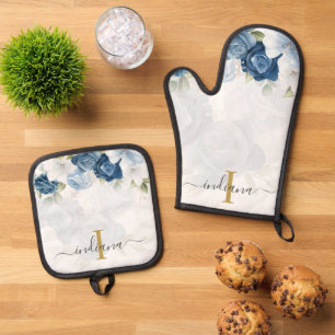 Dusty Blue Floral Monogram Script Personalised Oven Mitt & Pot Holder Set