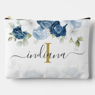Dusty Blue Floral Monogram Script Watercolor Accessory Pouch