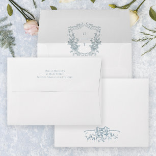Dusty Blue Floral Monogram Wedding Crest Envelope