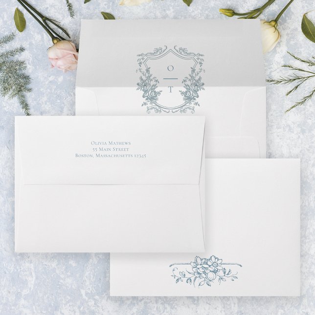 Dusty Blue Floral Monogram Wedding Crest Envelope (Creator Uploaded)