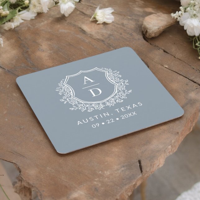 Dusty Blue Floral Monogram Wedding Crest Modern Square Paper Coaster (Creator Uploaded)