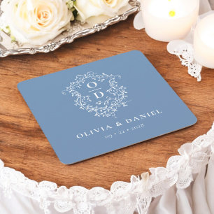Dusty Blue Floral Monogram Wedding Crest Modern Square Paper Coaster