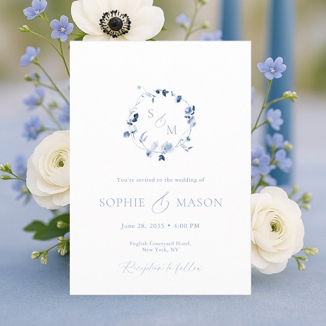 Dusty Blue Floral Monogram Wedding Invitation  (Creator Uploaded)