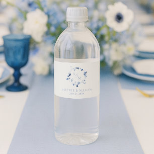 Dusty Blue Floral Monogram Wedding Water Bottle Label