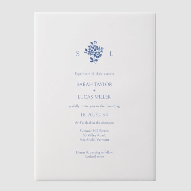 Dusty Blue Floral Monogrammed Floral Wedding Vellum Invitations (Front)