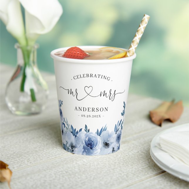 Dusty Blue Floral Mr and Mrs Heart Script Wedding Paper Cups (Insitu)