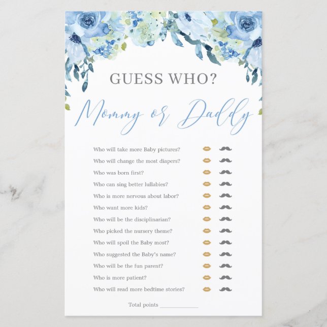 Dusty Blue Floral Mummy or Daddy Baby Shower Game (Front)