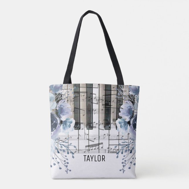 dusty blue floral music name tote bag (Back)