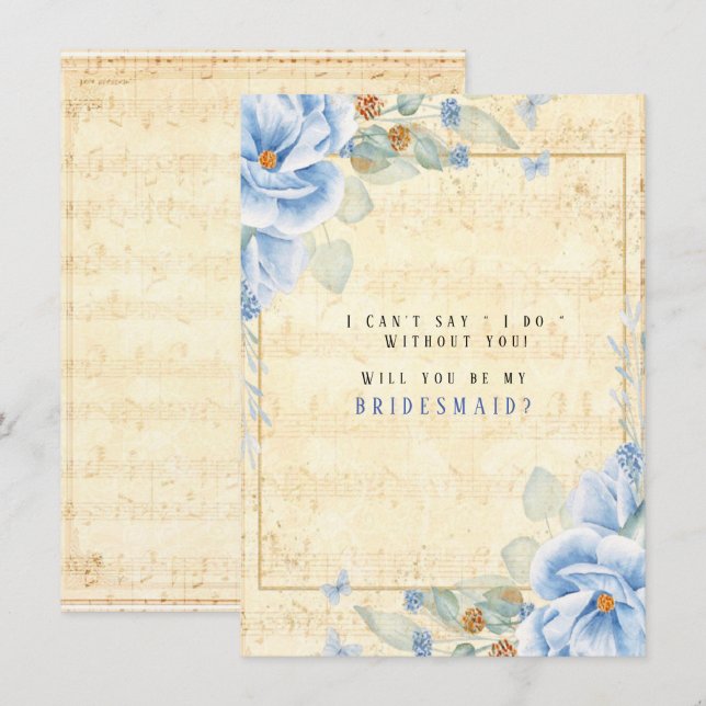 Dusty Blue Floral Music Will You Be My Bridesmaid Invitation (Front/Back)