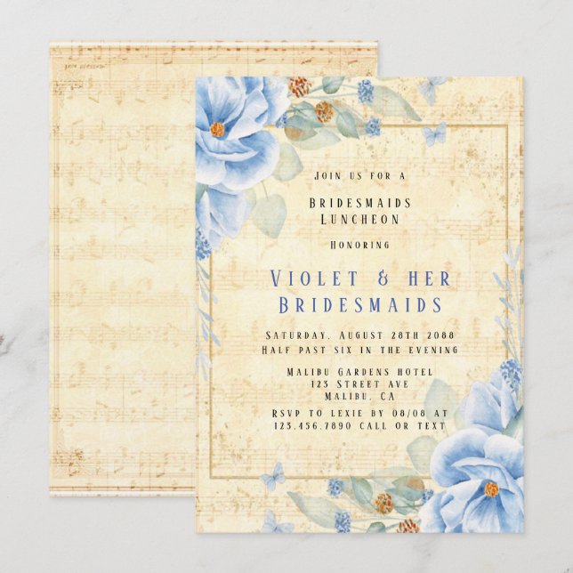 Dusty Blue Floral Musical Bridesmaids Luncheon  Invitation (Front/Back)