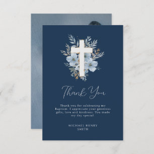 dusty blue floral navy baptism thank you card