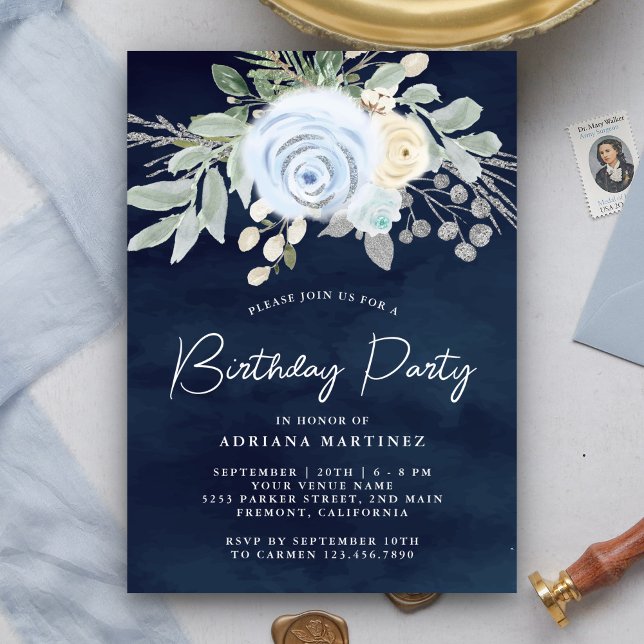 Dusty Blue Floral Navy Blue Birthday Party Invitation (Creator Uploaded)