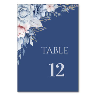 Dusty Blue Floral Navy Blue Table Number Card