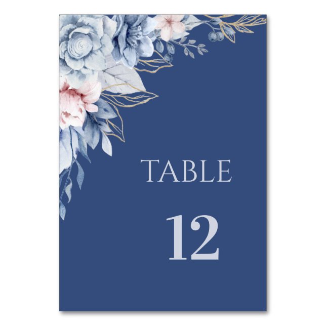 Dusty Blue Floral Navy Blue Table Number Card (Front)