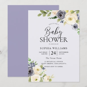 Dusty Blue Floral Navy Boys Baby Shower Invitation