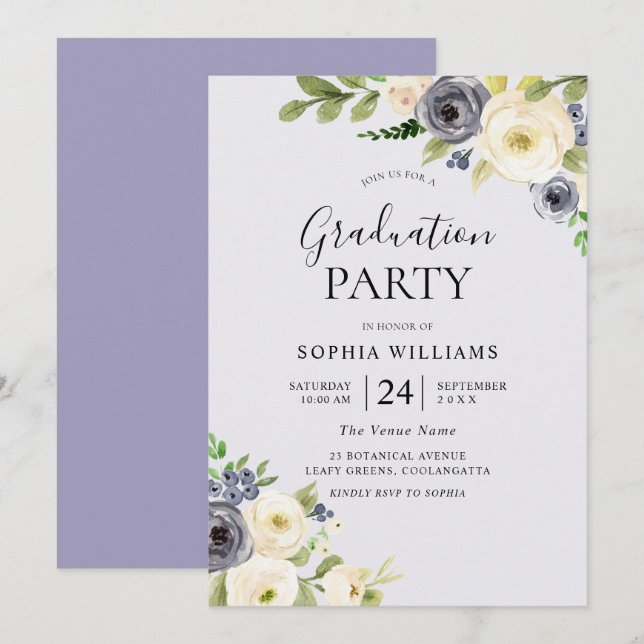 Dusty Blue Floral Navy Graduation Party Invitation (Front/Back)