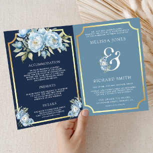 Dusty Blue Floral Navy QR Code All in One Wedding Invitation
