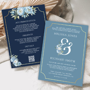 Dusty Blue Floral Navy QR Code All in One Wedding  Invitation