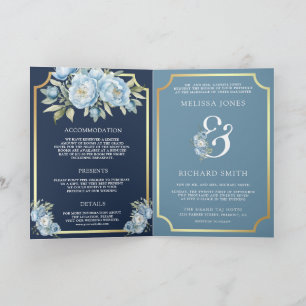 Dusty Blue Floral Navy QR Code All in One Wedding Invitation