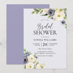 Dusty Blue Floral Navy Watercolor Bridal Shower Invitation