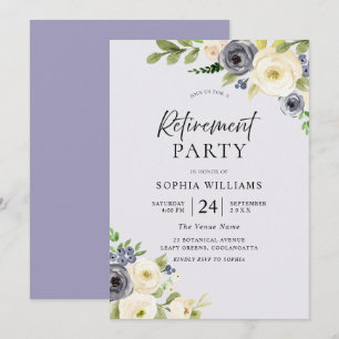 Dusty Blue Floral Navy Watercolor Retirement Party Invitation