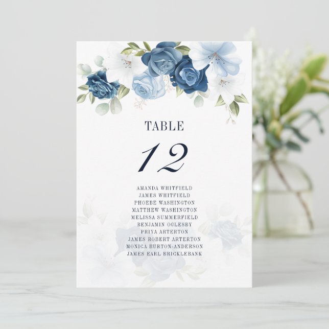 Dusty Blue Floral Number 12 Wedding Seating Chart Invitation (Standing Front)