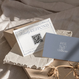 Dusty Blue Floral Old Money QR Code Wedding RSVP Card