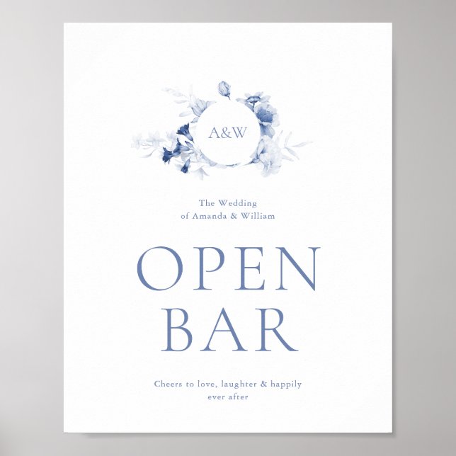 Dusty Blue Floral Open Bar Wedding Sign (Front)