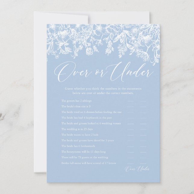 Dusty Blue Floral Over or Under Bridal Shower Game Invitation (Front)