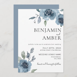 Dusty Blue Floral Pastel Boho Minimalist Wedding Invitation