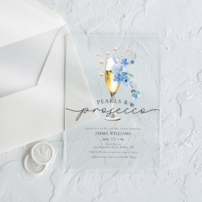 Dusty Blue Floral Pearls & Prosecco Bridal Shower Acrylic Invitations (Creator Uploaded)
