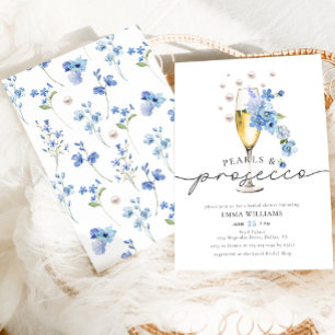 Dusty Blue Floral Pearls & Prosecco Bridal Shower Invitation