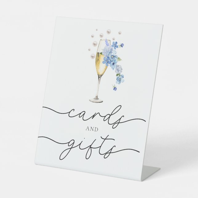 Dusty Blue Floral Pearls & Prosecco Cards & Gifts Pedestal Sign (Front)