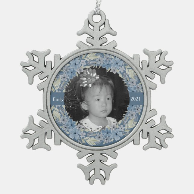Dusty Blue Floral Personalised  Snowflake Pewter Christmas Ornament (Front)