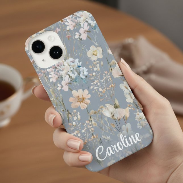 Dusty Blue Floral Personalized  iPhone Case (Creator Uploaded)