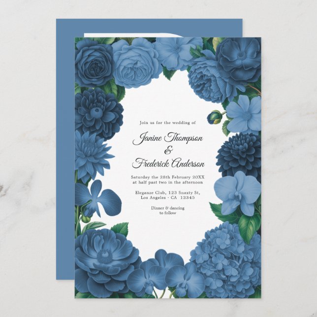 Dusty Blue Floral Photo and QR Code Wedding Invitation (Front/Back)