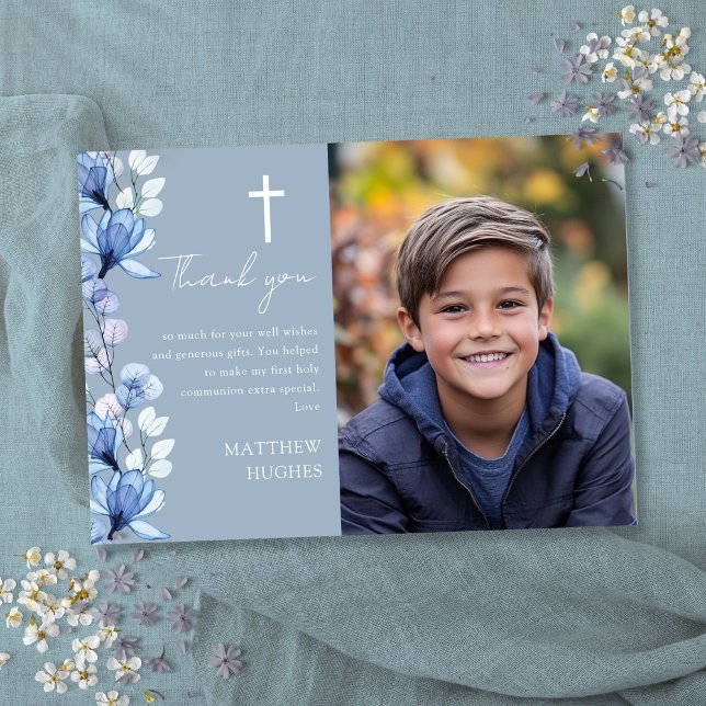Dusty Blue Floral Photo First Holy Communion Thank You Card (Dusty Blue Floral Photo First Holy Communion Thank You Card)