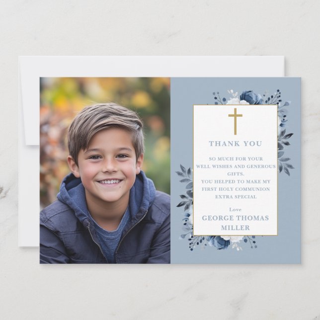 Dusty Blue Floral Photo First Holy Communion Thank You Card (Front)
