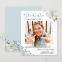 Dusty Blue Floral Photo Graduation Announcement