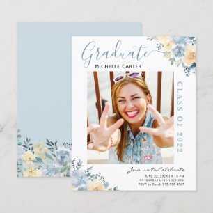 Dusty Blue Floral Photo Graduation Announcement