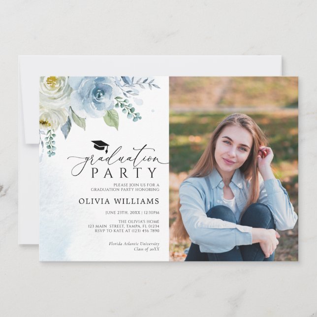 Dusty Blue Floral Photo Graduation Party Invitation (Front)