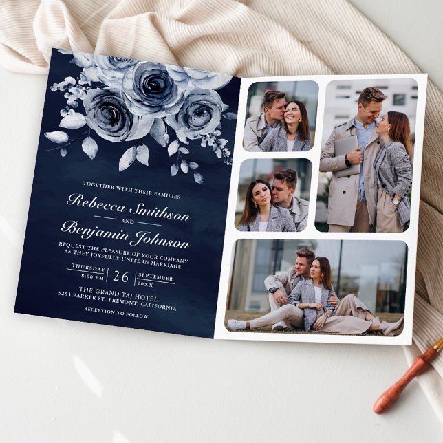 Dusty Blue Floral Photo QR Code Navy Wedding Invitation (Creator Uploaded)
