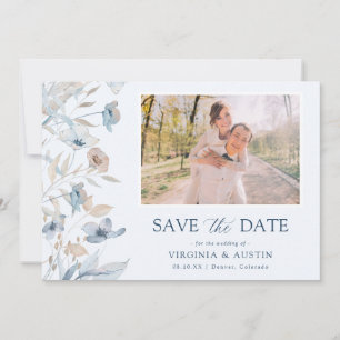 Dusty Blue Floral Photo Save The Date