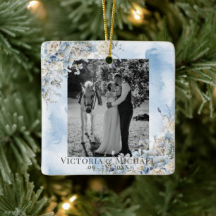 Dusty Blue Floral Photo Watercolor Wedding  Ceramic Ornament