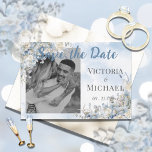 Dusty Blue Floral Photo Watercolor Wedding  Save The Date<br><div class="desc">Beautiful dusty blue and ivory roses with dangling ribbons done in soft watercolors. Personalise by adding. Your photo,  names and event date.  Perfect for your wedding or special occasion.</div>