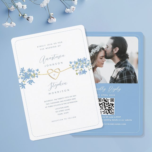 Dusty Blue Floral Photo Wedding Invite with QR (Creator Uploaded)
