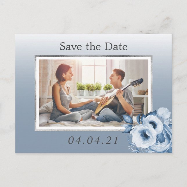 Dusty blue floral photo wedding Save the Date Announcement Postcard (Front)
