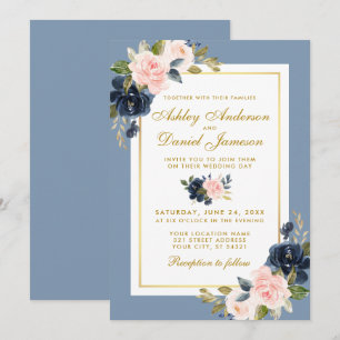 Dusty Blue Floral Pink Blush Gold Frame Wedding Invitation