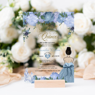 Dusty Blue Floral Princess Mis Quince Quinceañera Acrylic Invitations