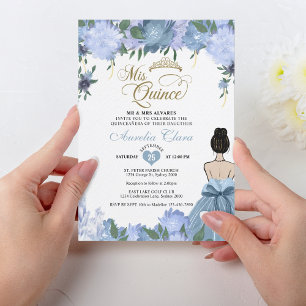 Dusty Blue Floral Princess Mis Quince Quinceañera Invitation